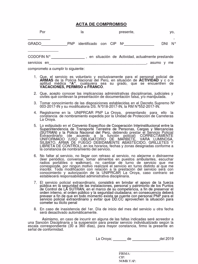 ¿Quién debía suscribir el Acta de compromiso?