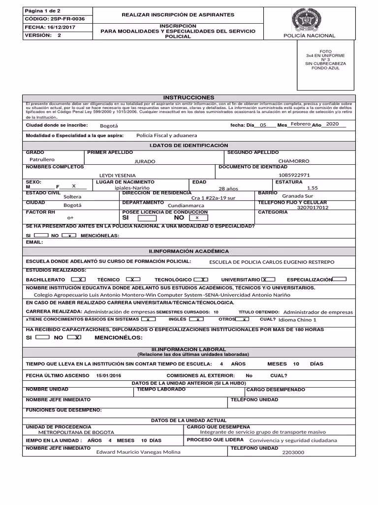 ¿Cuáles son los componentes del formulario de la Policía Nacional Civil?