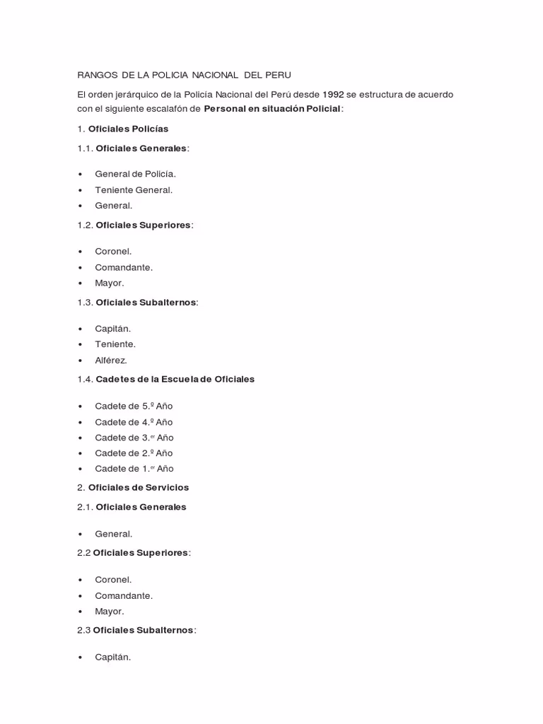 ¿Cuáles son los rangos de la Policía Nacional del Perú?