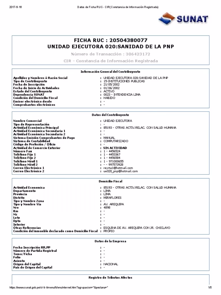 ¿Cuál es el RUC de la Policía Nacional del Perú?