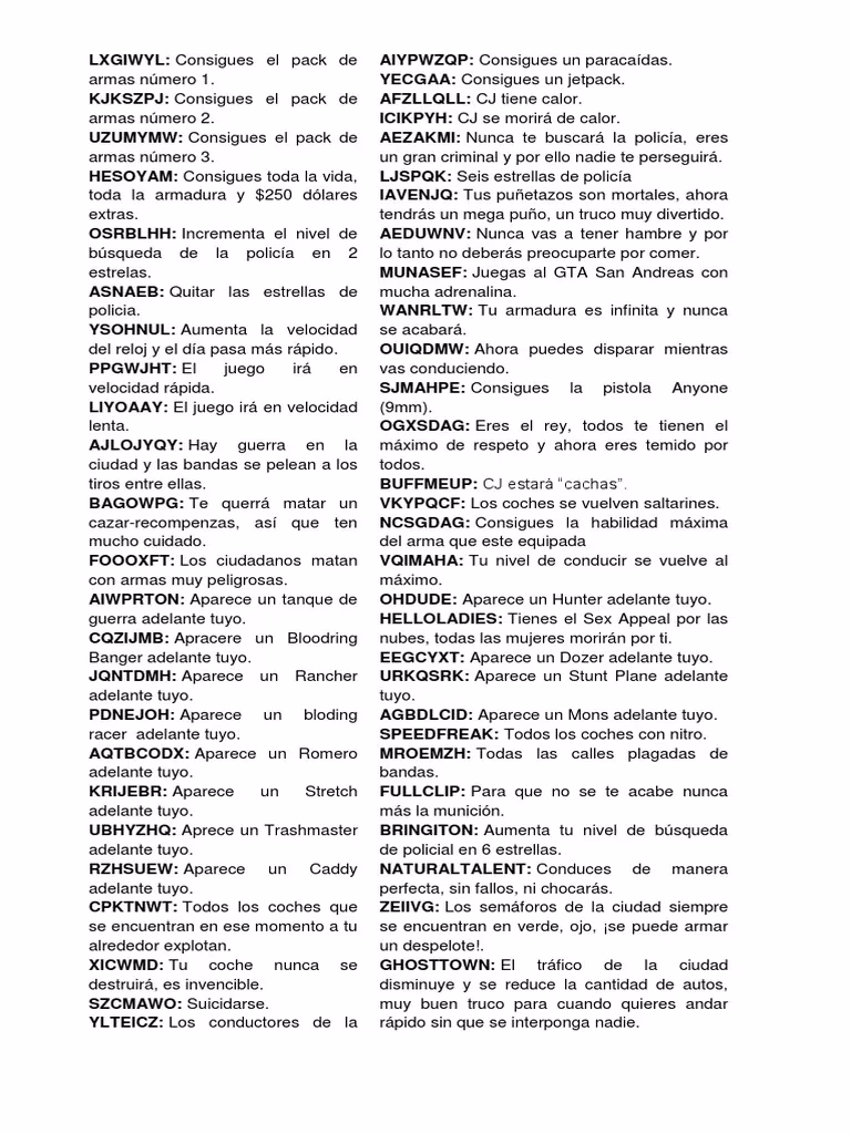¿Cuáles son los trucos para GTA San Andreas en PC?