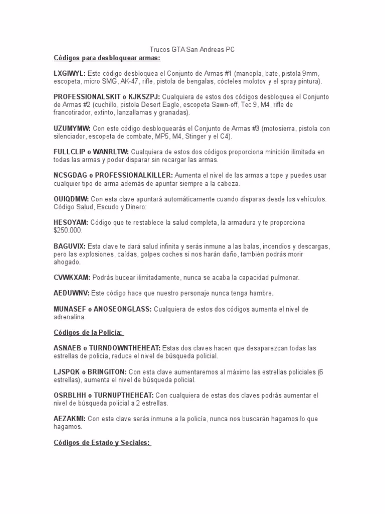 ¿Cuáles son los trucos de GTA San Andreas para PC?