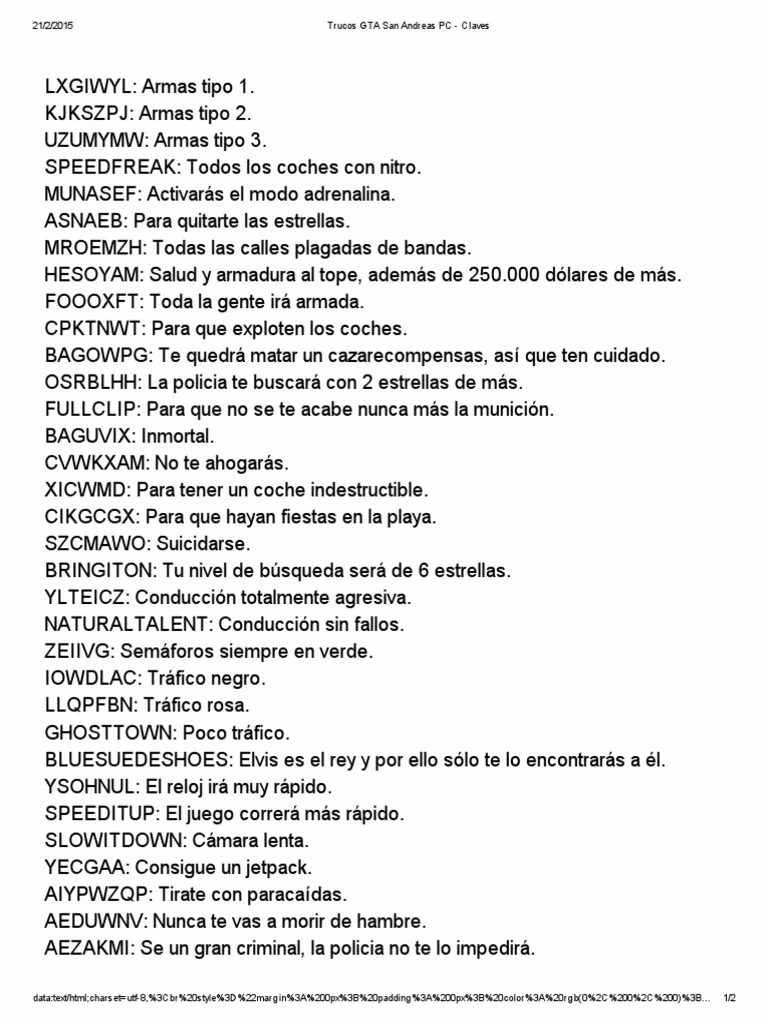 ¿Cuáles son los trucos de GTA San Andreas para PS2?