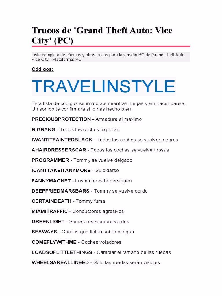 ¿Cuáles son los trucos de GTA Vice City para PC?