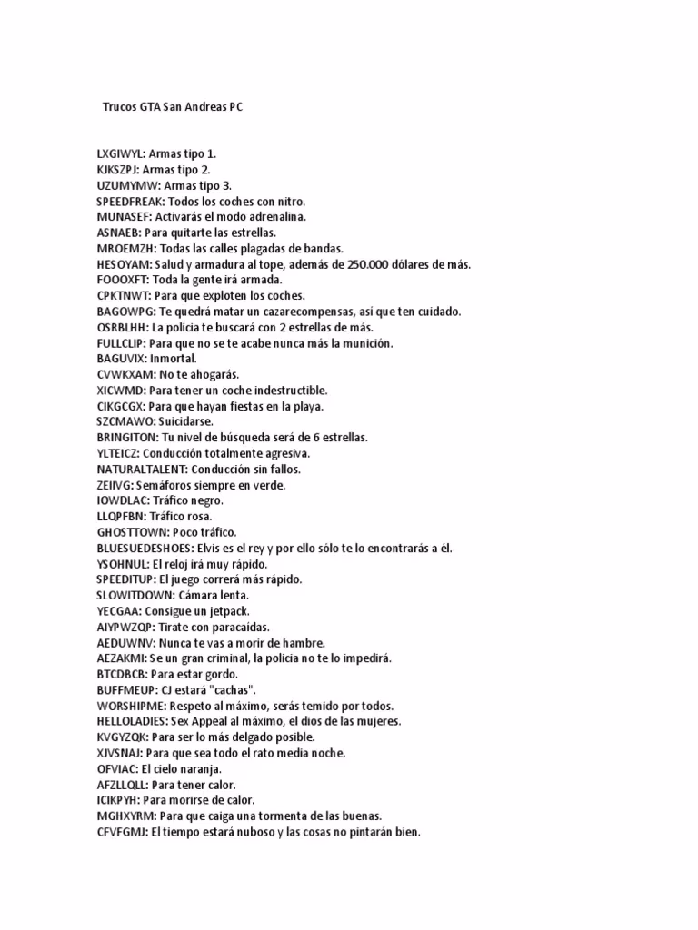 ¿Cuáles son los trucos de GTA San Andreas en PC?